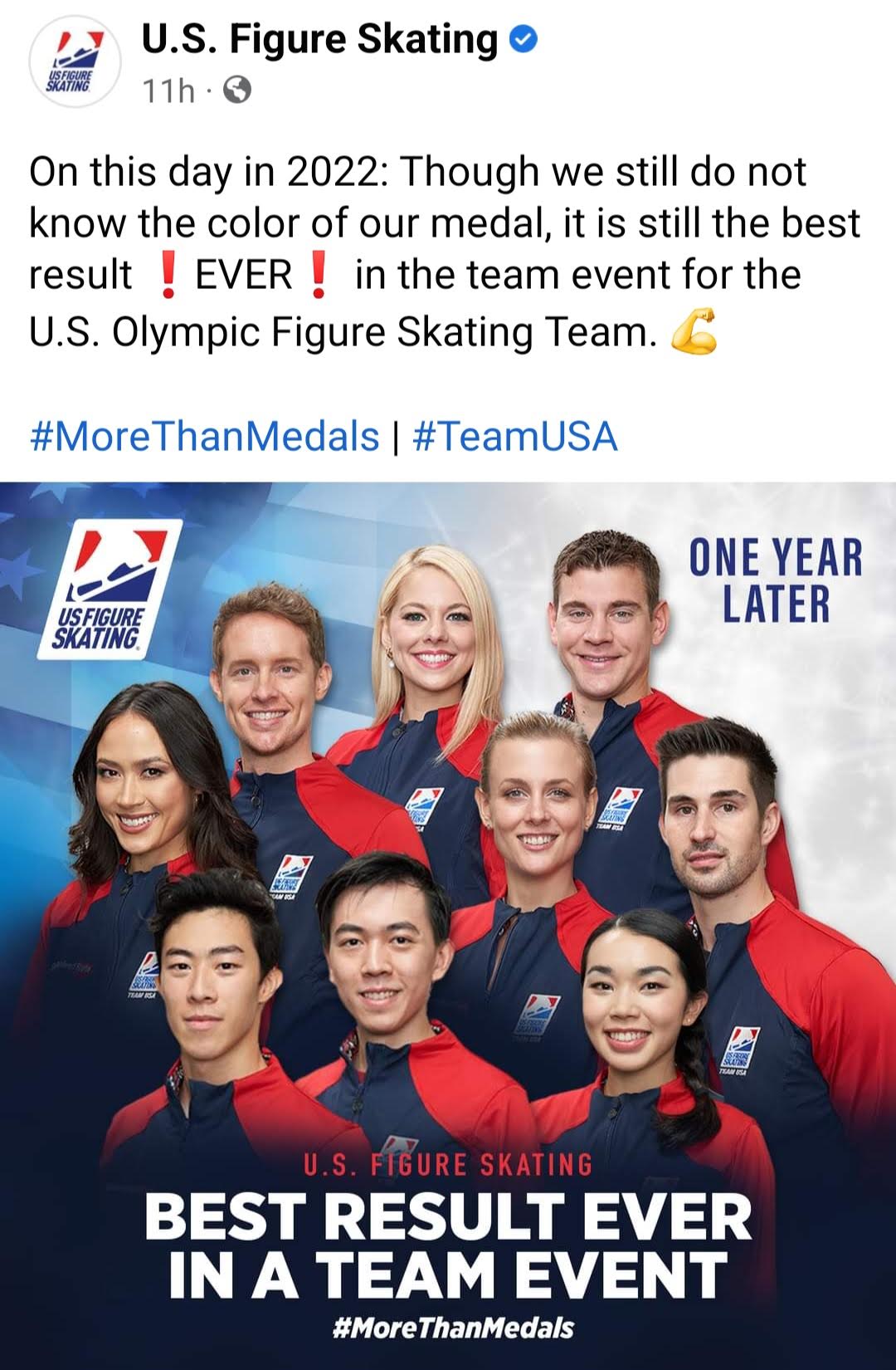 Screenshot of a Facebook ad from US Figure Skating. The lower half depicts the faces of the 2022 US Olympic figure skating team; the upper half reads, "On this day in 2022: Though we still do not know the color of our medal, it is still the best result !EVER! in the team event for the U.S. Olympic Figure Skating Team. #MoreThanMedals #TeamUSA